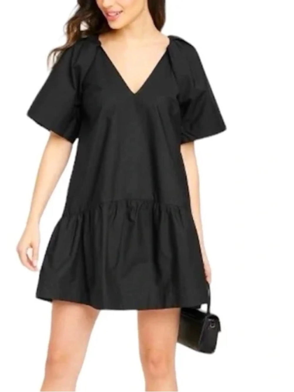 A New Day Black V-Neck Short Sleeve Tiered Mini Dress NWT MED